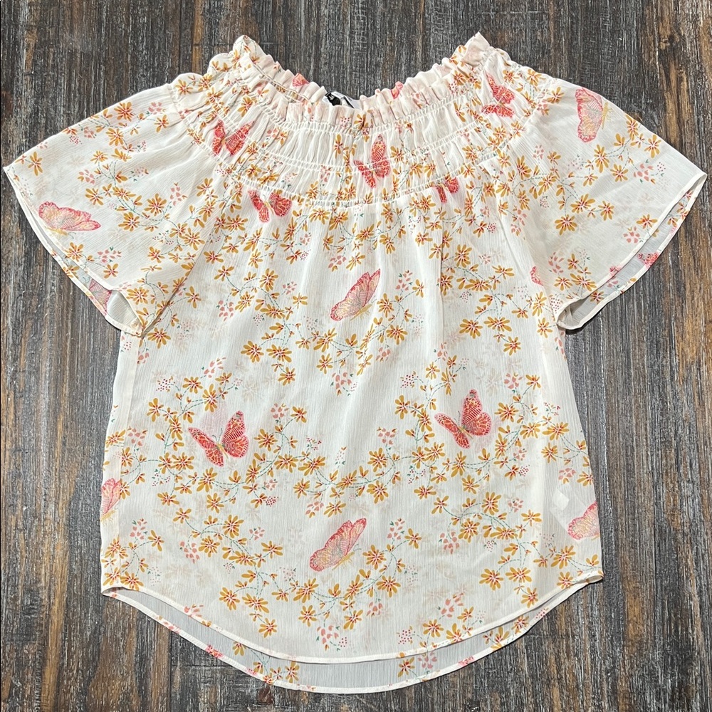 Madewell White Floral & Pink Butterfly Off-Shoulder Top